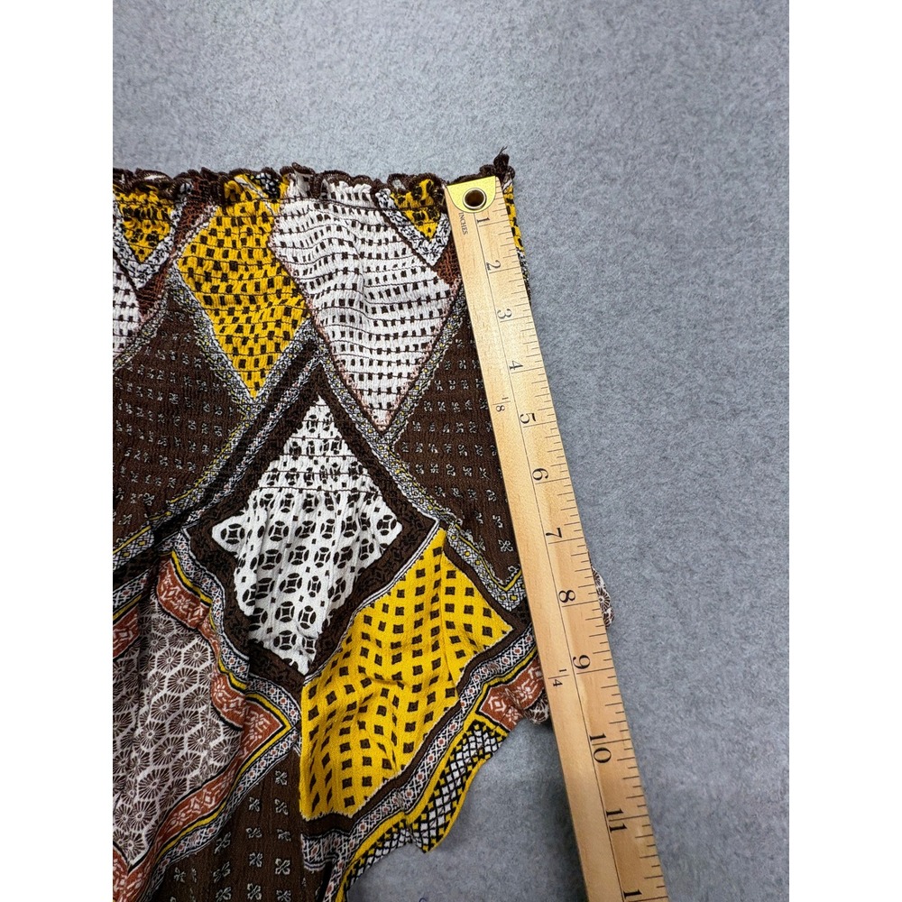 New Look Smocked Tube Top Brown Yellow Patchwork Handkerchief Hem Boho Small - Picture 7 of 9